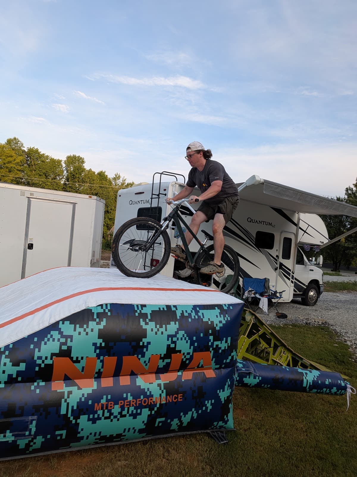 Kyle Mcpeak landing on the Ninja air bag after his first jumps